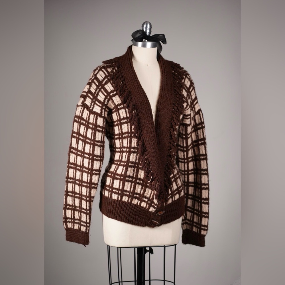 Handmade Plaid Fringe Knit Cardigan | Brown Cream | Retro Cottagecore